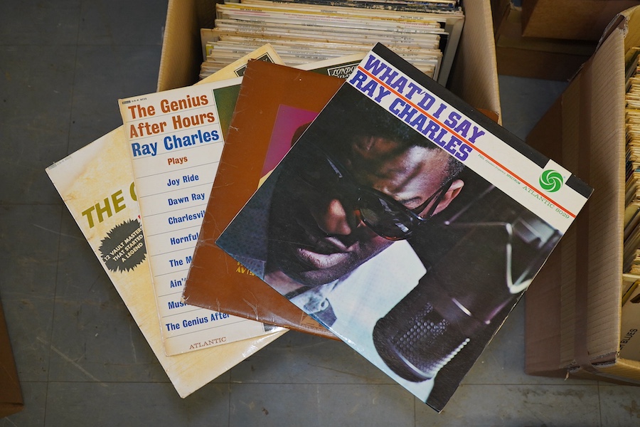 A hundred and two LP record albums, artists include; Ray Charles, James Brown, Otis Redding, Sam Cooke, Wilson Pickett, Amen Corner, Derek and the Domino, the Herd, Neil Young, etc. Condition - fair.